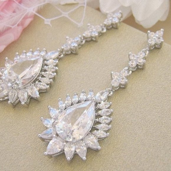 Luxe Statement Diamond CZ Teardrop Dangle Earrings Pear Cut Bridal Nadri Style - Picture 1 of 7